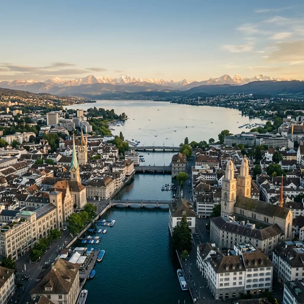 Aerial view of Switzerland with the Limmat river, Grossmünster, and the Alps